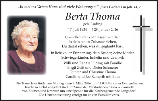 Traueranzeige von Berta Thoma von Licher Wochenblatt