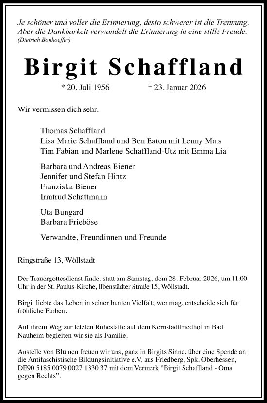 Traueranzeige von Birgit Schaffland von Wetterauer Zeitung