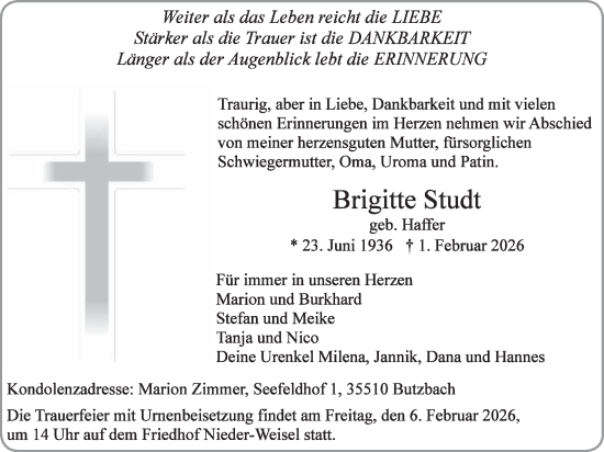 Traueranzeige von Brigitte Studt von Butzbacher Zeitung