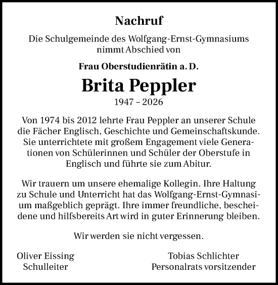 Traueranzeige von Brita Peppler von Kreis-Anzeiger