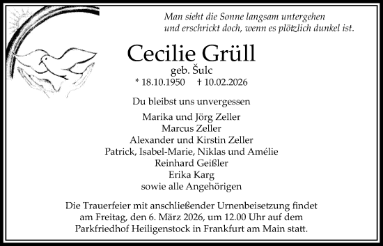 Traueranzeige von Cecilie Grüll von Bad Vilbel/Karben