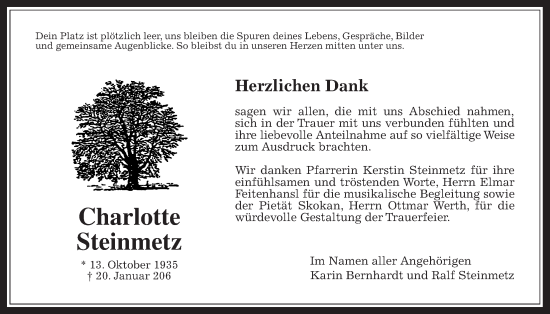 Traueranzeige von Charlotte Steinmetz von Usinger Anzeiger, Usinger Anzeiger
