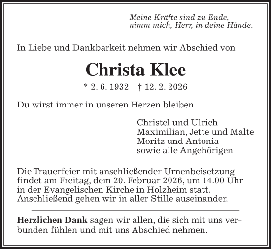 Traueranzeige von Christa Klee von Pohlheimer Nachrichten