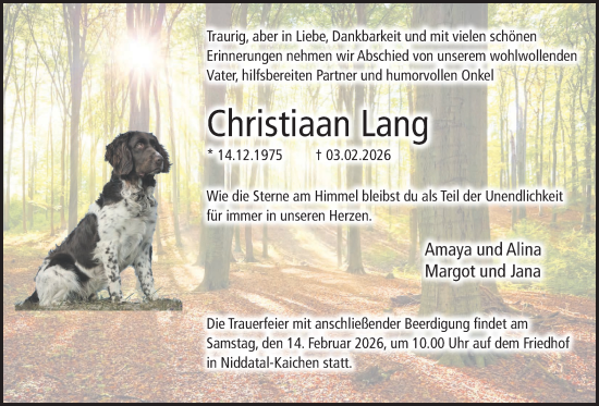 Traueranzeige von Christiaan Lang von Wetterauer Zeitung