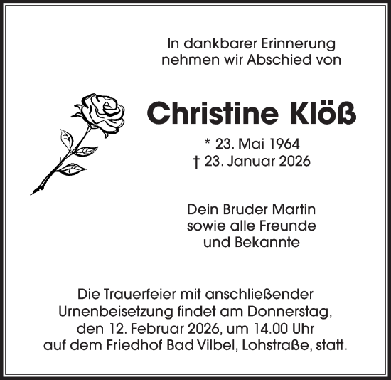 Traueranzeige von Christine Klöß von Bad Vilbel/Karben