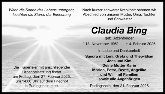 Traueranzeige von Claudia Bing von Kreis-Anzeiger