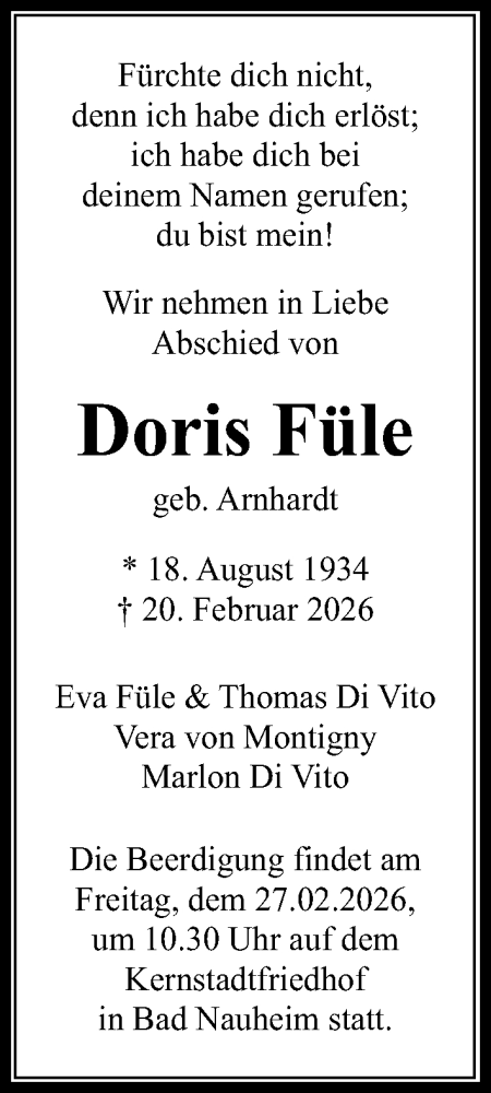 Traueranzeige von Doris Füle von Wetterauer Zeitung