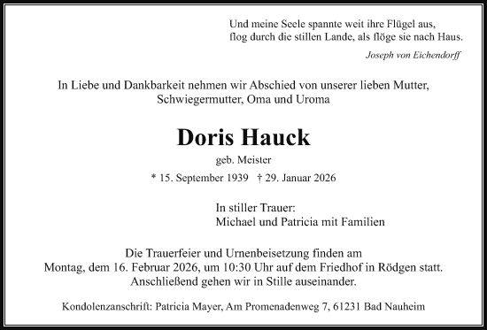Traueranzeige von Doris Hauck von Wetterauer Zeitung