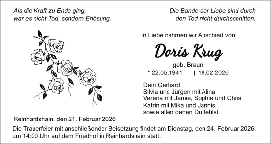Traueranzeige von Doris Krug von Giessener Allgemeine, Alsfelder Allgemeine, Giessener Anzeiger