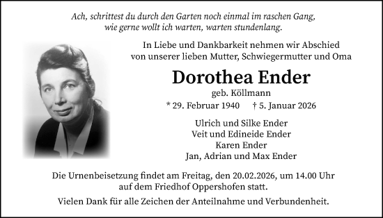 Traueranzeige von Dorothea Ender von Butzbacher Zeitung, Wetterauer Zeitung