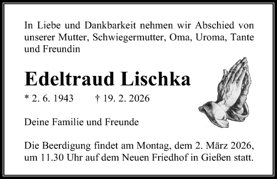 Traueranzeige von Edeltraud Lischka von Giessener Allgemeine, Alsfelder Allgemeine, Giessener Anzeiger