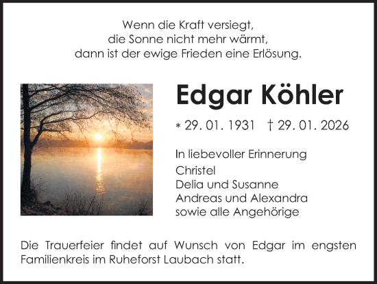 Traueranzeige von Edgar Köhler von Kreis-Anzeiger