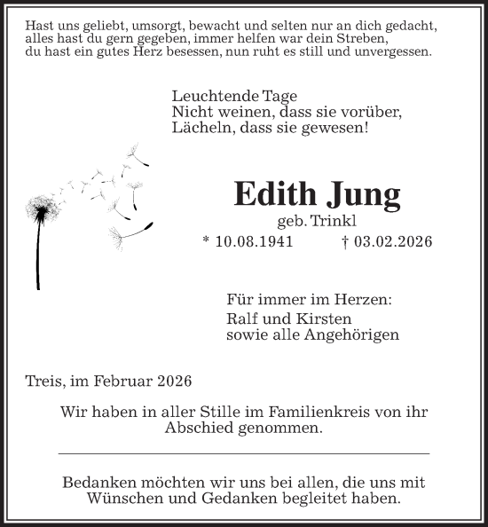 Traueranzeige von Edith Jung von Giessener Anzeiger, Giessener Allgemeine, Alsfelder Allgemeine