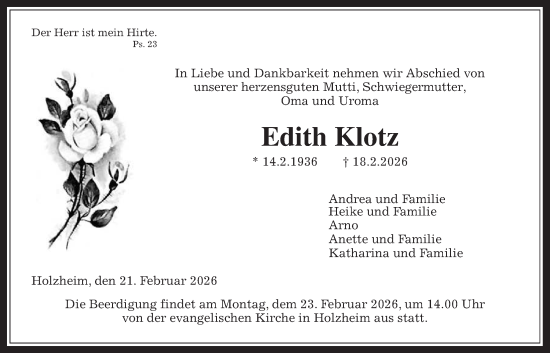 Traueranzeige von Edith Klotz von Giessener Allgemeine, Alsfelder Allgemeine