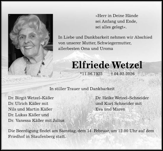 Traueranzeige von Elfriede Wetzel von Giessener Allgemeine, Alsfelder Allgemeine, Giessener Anzeiger
