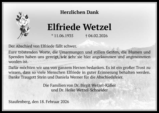 Traueranzeige von Elfriede Wetzel von Giessener Anzeiger, Giessener Allgemeine, Alsfelder Allgemeine