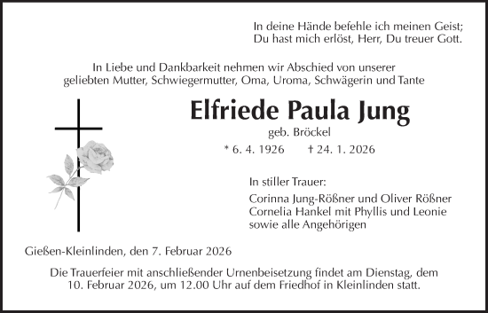 Traueranzeige von Elfriede Paula Jung von Giessener Allgemeine, Alsfelder Allgemeine