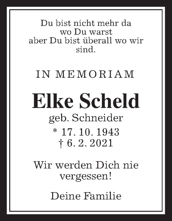 Traueranzeige von Elke Scheld von Wetterauer Zeitung