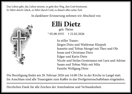 Traueranzeige von Elli Dietz von Licher Wochenblatt