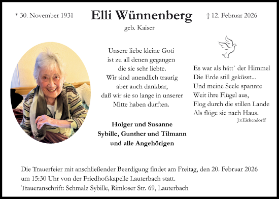 Traueranzeige von Elli Wünnenberg von Lauterbacher Anzeiger