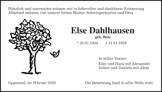 Traueranzeige von Else Dahlhausen von Giessener Anzeiger, Giessener Allgemeine, Alsfelder Allgemeine