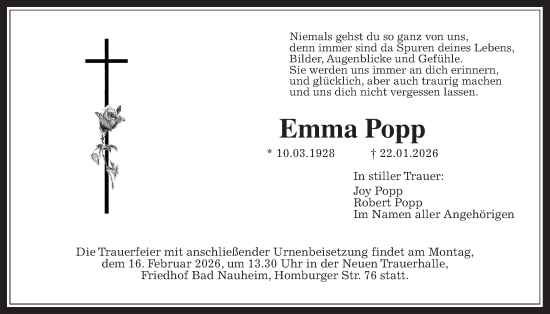 Traueranzeige von Emma Popp von Wetterauer Zeitung