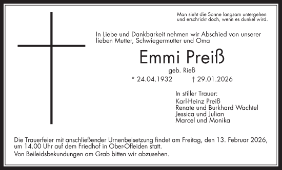 Traueranzeige von Emmi Preiß von Alsfelder Allgemeine, Oberhessische Zeitung