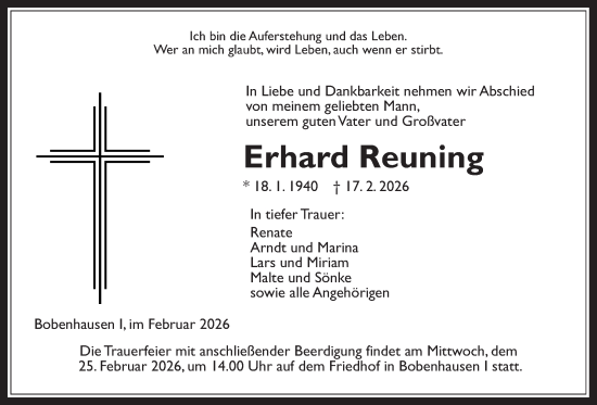 Traueranzeige von Erhard Reuning von Kreis-Anzeiger