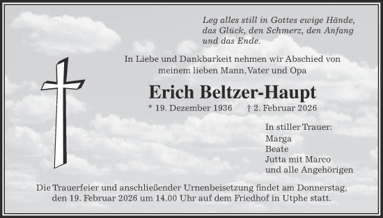 Traueranzeige von Erich Beltzer-Haupt von Giessener Allgemeine, Alsfelder Allgemeine