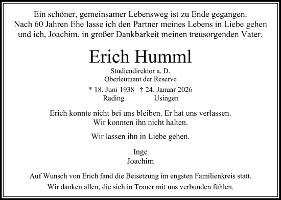 Traueranzeige von Erich Humml von Usinger Anzeiger