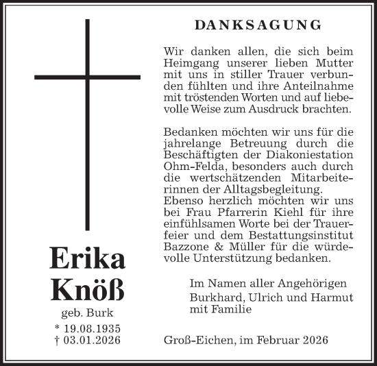 Traueranzeige von Erika Knöß von Giessener Allgemeine, Alsfelder Allgemeine