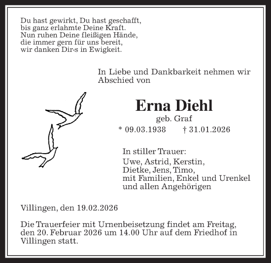 Traueranzeige von Erna Diehl von Licher Wochenblatt