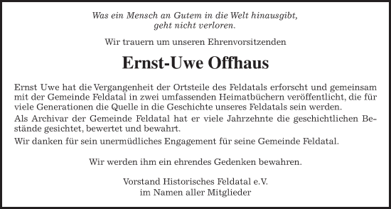 Traueranzeige von Ernst-Uwe Offhaus 