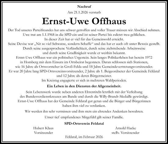 Traueranzeige von Ernst-Uwe Offhaus von Alsfelder Allgemeine, Oberhessische Zeitung