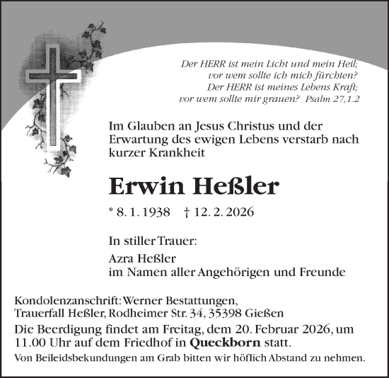 Traueranzeige von Erwin Heßler von Giessener Allgemeine, Alsfelder Allgemeine