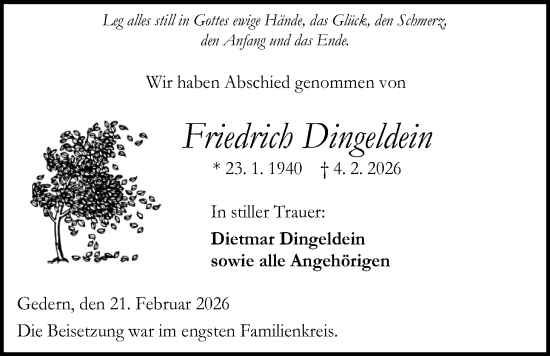 Traueranzeige von Friedrich Dingeldein von Kreis-Anzeiger