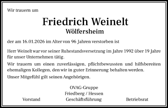Traueranzeige von Friedrich Weinelt von Wetterauer Zeitung