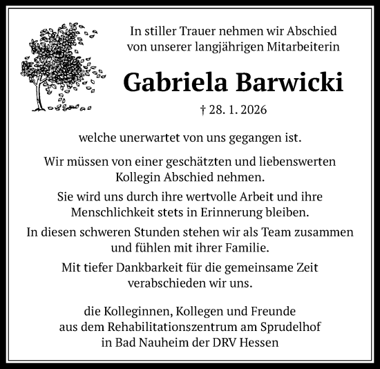 Traueranzeige von Gabriela Barwicki von Wetterauer Zeitung