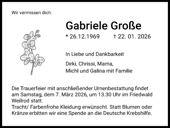 Traueranzeige von Gabriele Große von Wetterauer Zeitung