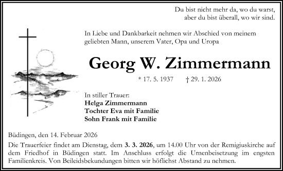Traueranzeige von Georg W. Zimmermann von Kreis-Anzeiger
