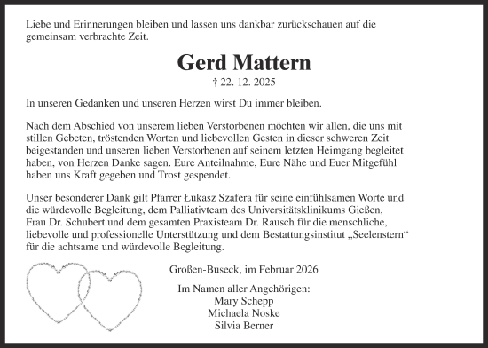 Traueranzeige von Gerd Mattern von Giessener Allgemeine, Alsfelder Allgemeine, Giessener Anzeiger