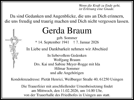 Traueranzeige von Gerda Braum von Usinger Anzeigenblatt