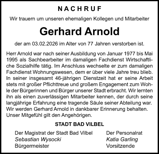 Traueranzeige von Gerhard Arnold von Bad Vilbel/Karben