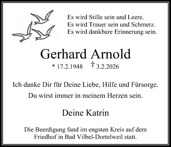 Traueranzeige von Gerhard Arnold von Bad Vilbel/Karben