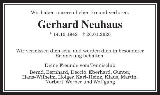 Traueranzeige von Gerhard Neuhaus von Giessener Allgemeine, Alsfelder Allgemeine