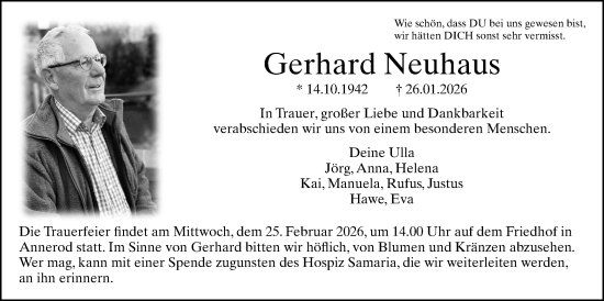 Traueranzeige von Gerhard Neuhaus von Giessener Allgemeine, Alsfelder Allgemeine, Giessener Anzeiger