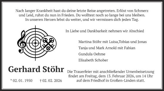 Traueranzeige von Gerhard Stöhr von Giessener Allgemeine, Alsfelder Allgemeine, Giessener Anzeiger