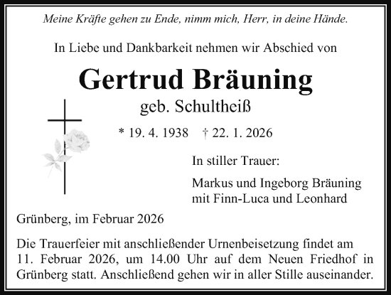 Traueranzeige von Gertrud Bräuning von Giessener Anzeiger