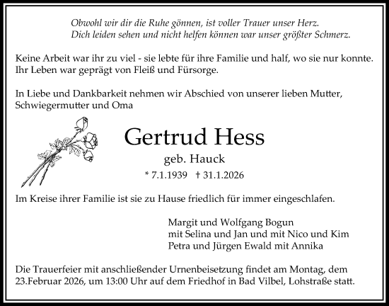 Traueranzeige von Gertrud Hess von Bad Vilbel/Karben