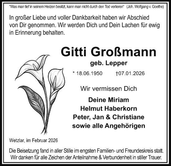 Traueranzeige von Gitti Großmann von Giessener Allgemeine, Alsfelder Allgemeine